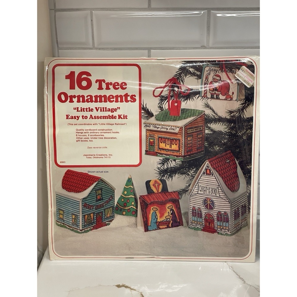 Vintage Little Village 16 Tree Ornaments Boxes Assemble Kits Cardboard Craft New